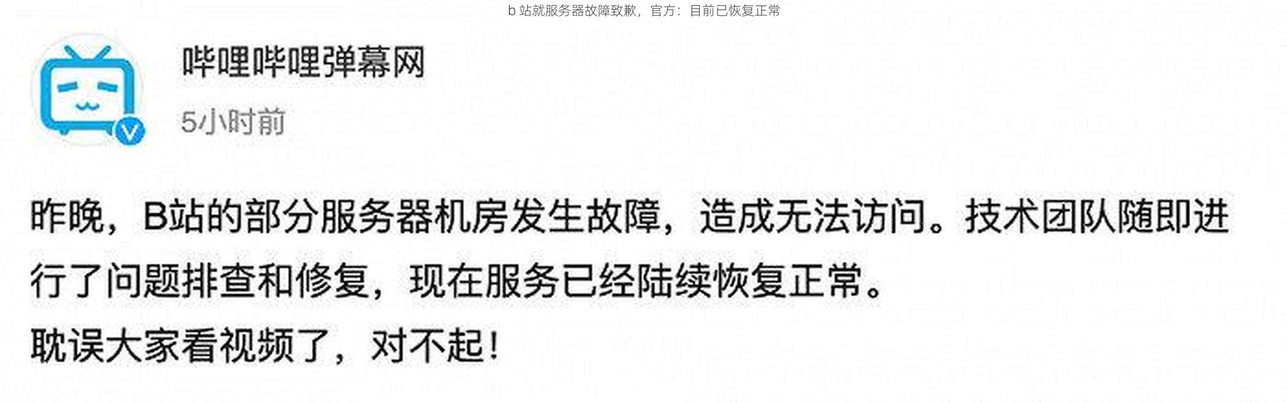 b 站就服务器故障致歉，官方：目前已恢复正常