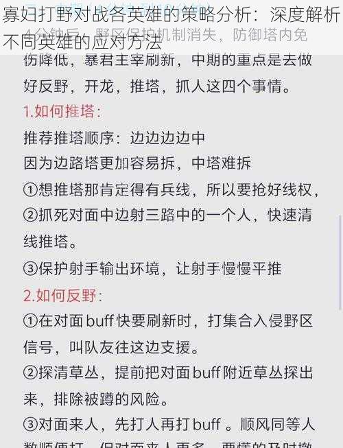 寡妇打野对战各英雄的策略分析：深度解析不同英雄的应对方法