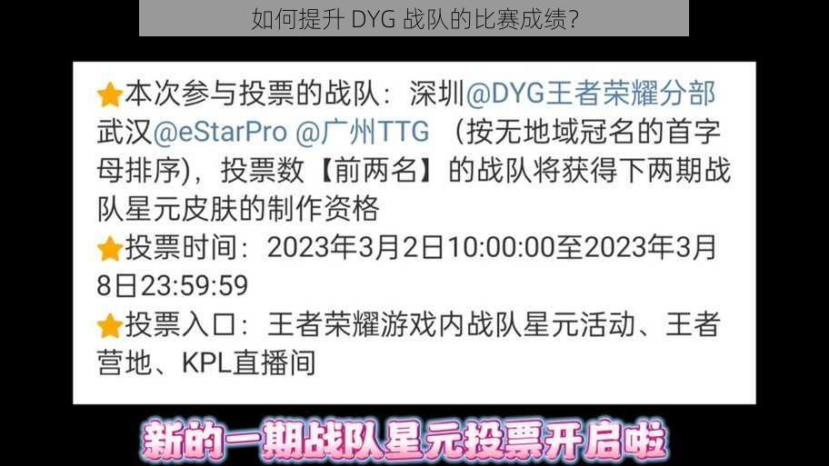 如何提升 DYG 战队的比赛成绩？